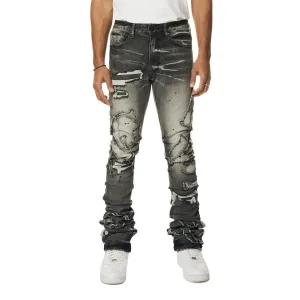 Cut & Sewn Rip Off Letter Applique Stacked Jeans - Black Lava