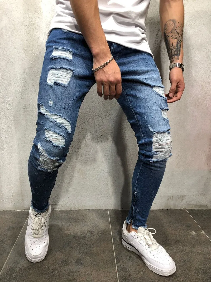 Dark Blue Ripped Skinny Side Stripe & Ankle Zipper Jeans