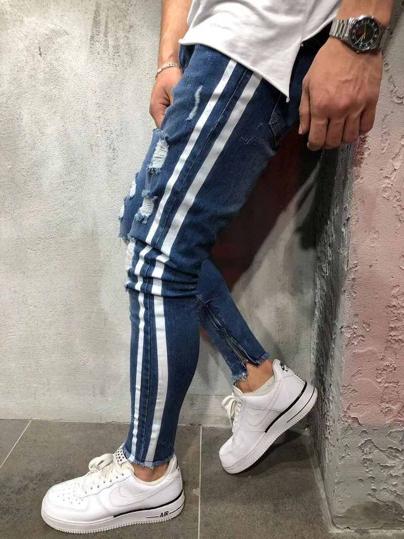 Dark Blue Ripped Skinny Side Stripe & Ankle Zipper Jeans