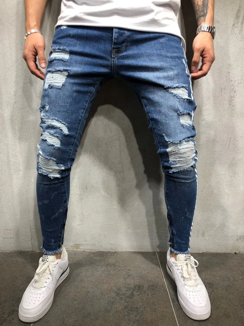 Dark Blue Ripped Skinny Side Stripe & Ankle Zipper Jeans