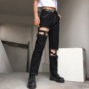 Dark Hollow Out Patchwork Buckle High Waist Pants