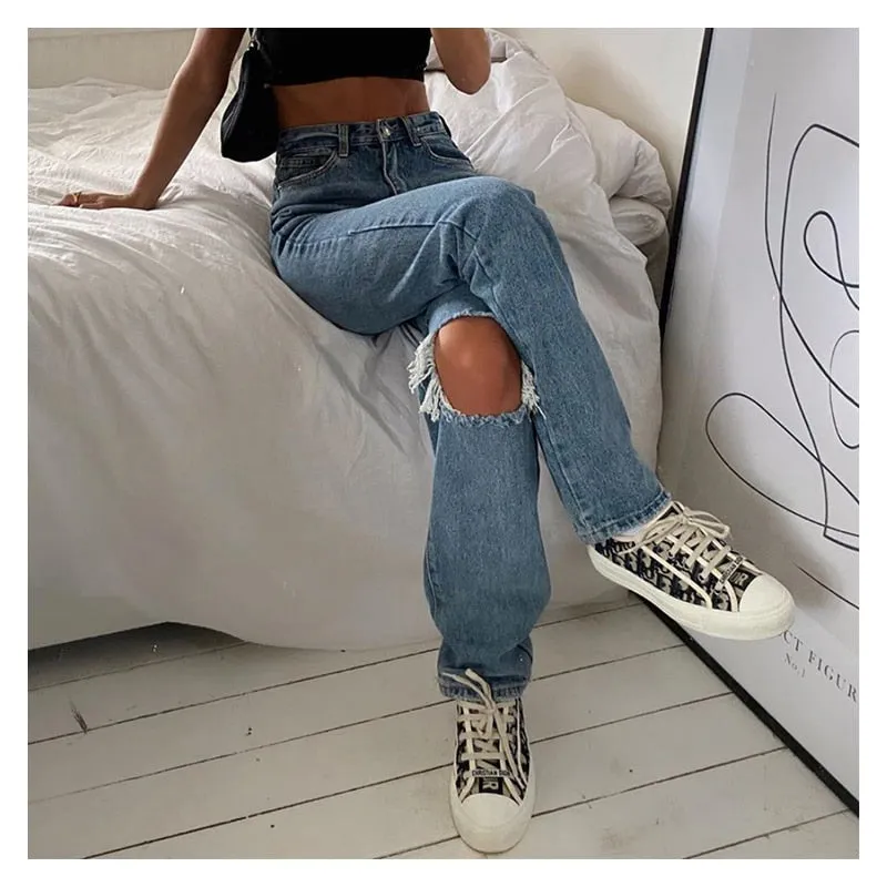 deanwangkt Denim Ripped Jeans For Women Cargo Pants Women Mom Jean High Waist Jeans Fashion Holes Thin Women's Baggy Jeans Long trousers