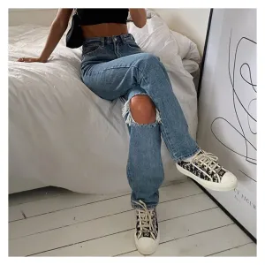 deanwangkt Denim Ripped Jeans For Women Cargo Pants Women Mom Jean High Waist Jeans Fashion Holes Thin Women's Baggy Jeans Long trousers