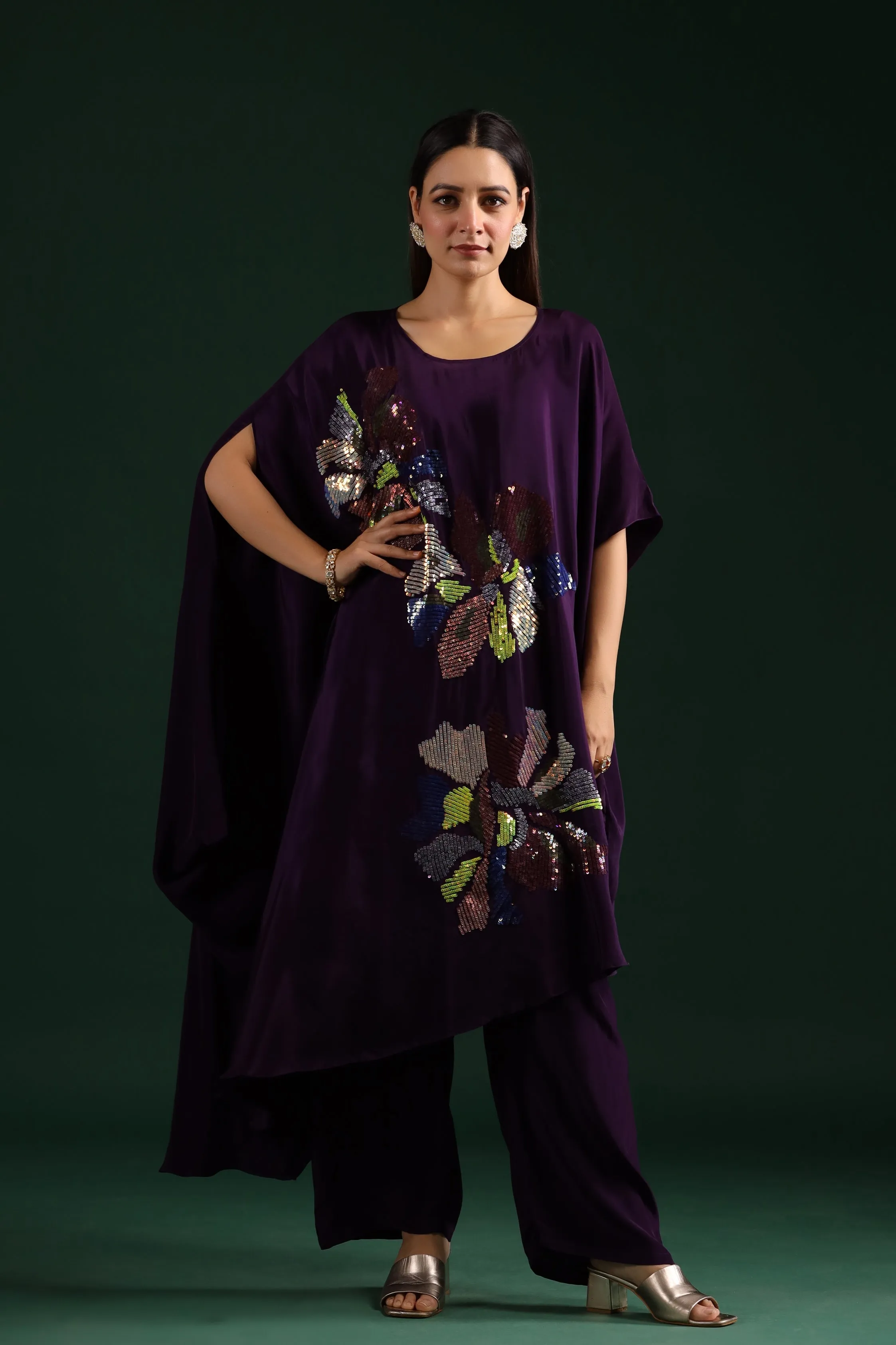 Deep Purple Embellished Asymmetrical Tunic & Pants