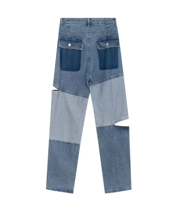 Denim Patchwork Grey Blue Street Style Baggy Jeans