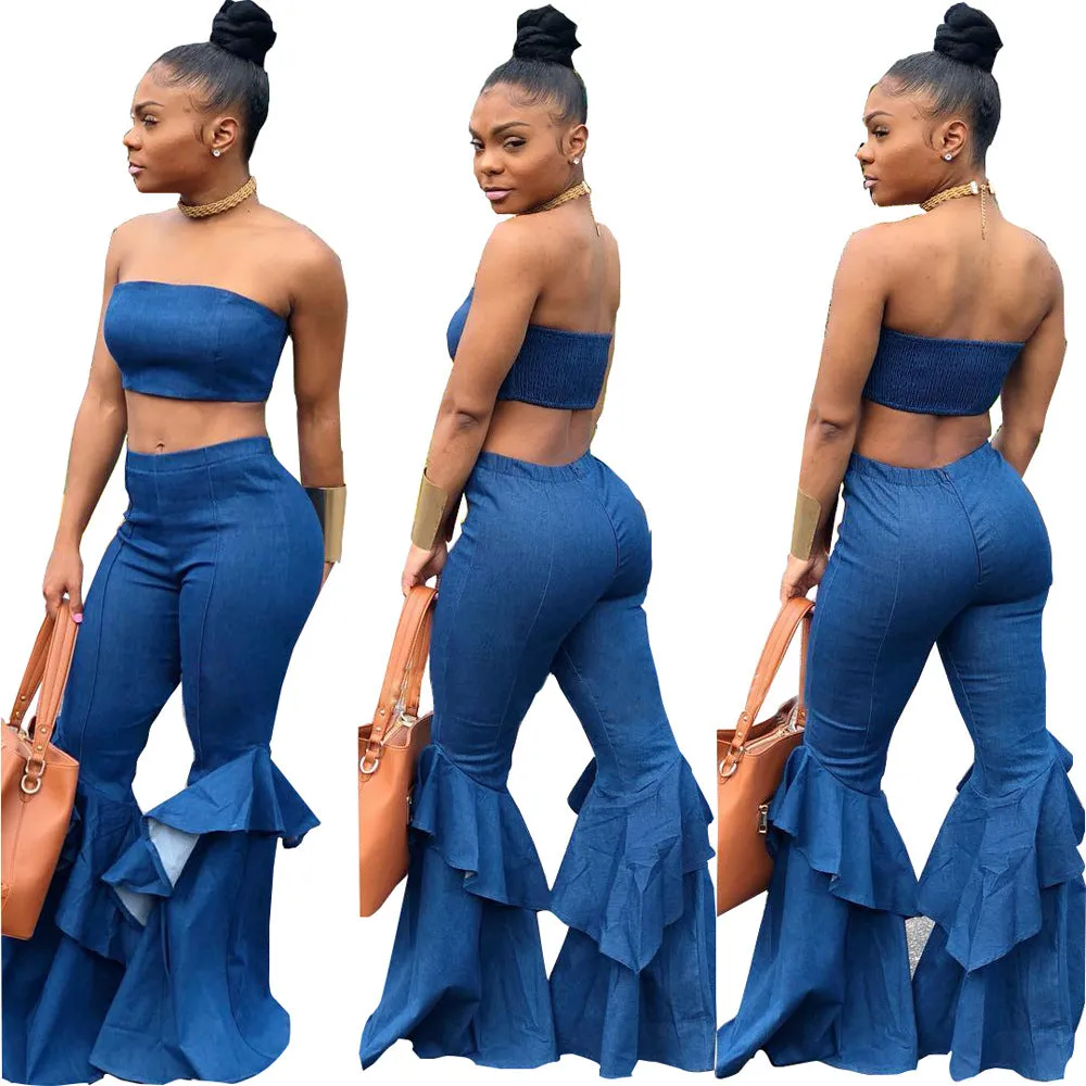 Denim tube top flared pants set（AY2219）