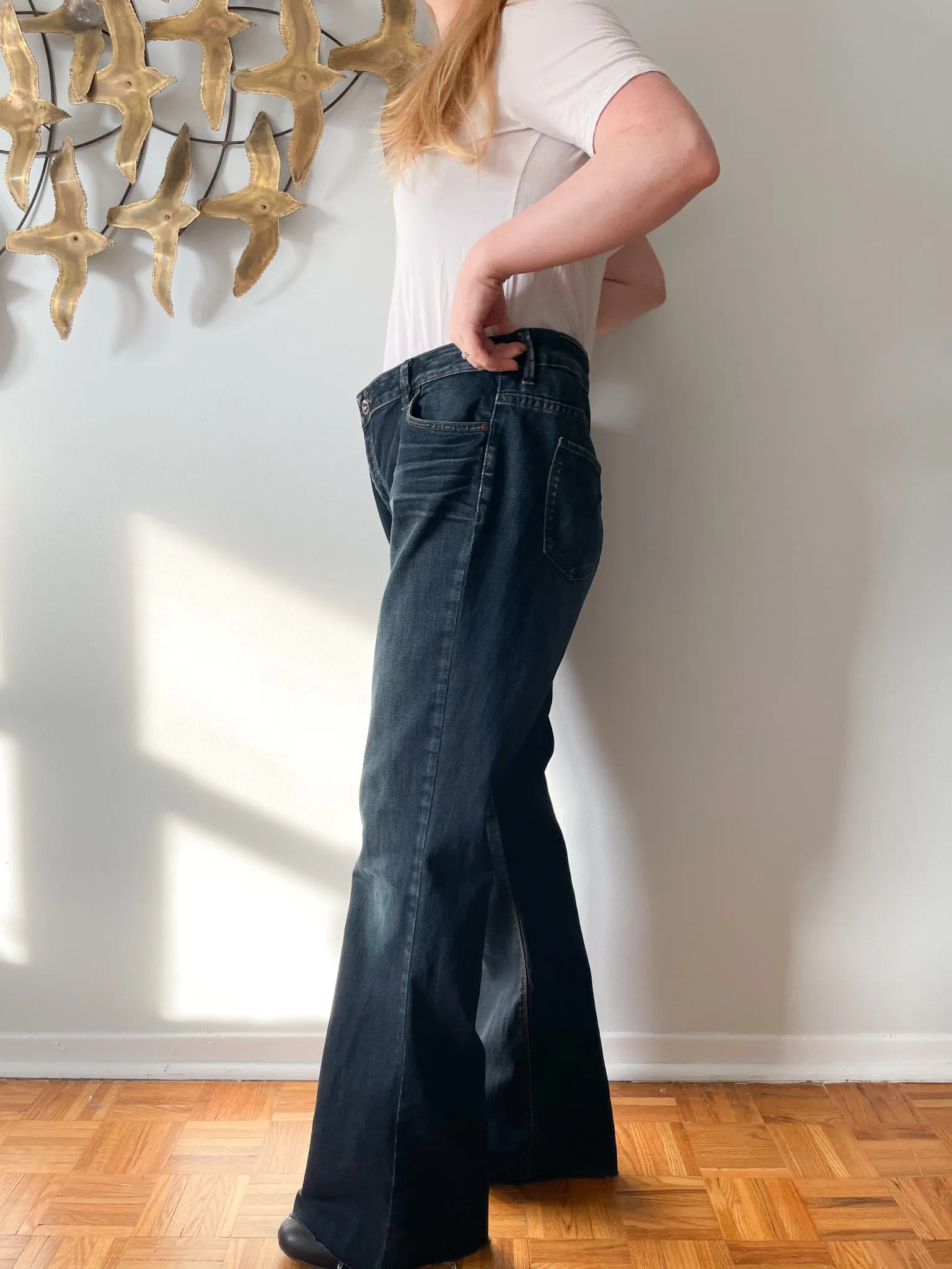 Dish Dark Wash High Rise Raw Hem Wide Leg Jean - Size 36