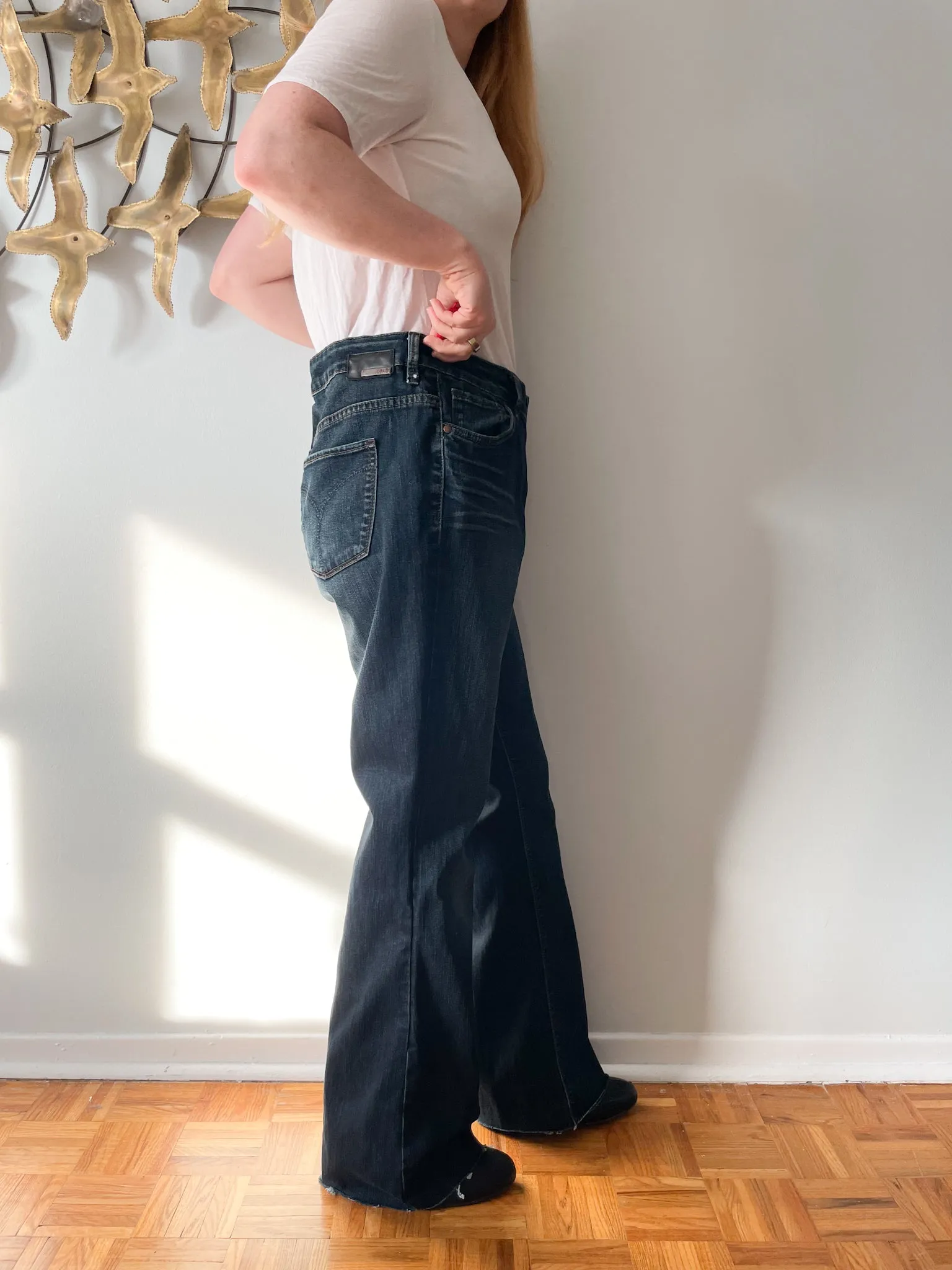 Dish Dark Wash High Rise Raw Hem Wide Leg Jean - Size 36