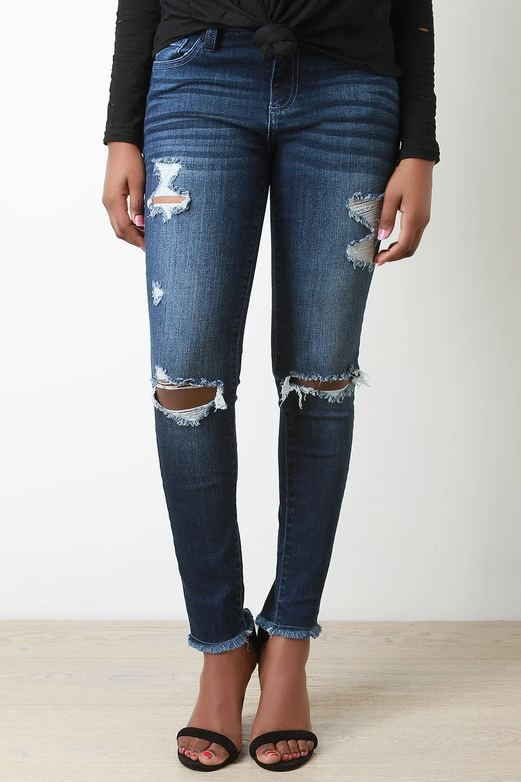 Distress Frayed Hem Skinny Jeans