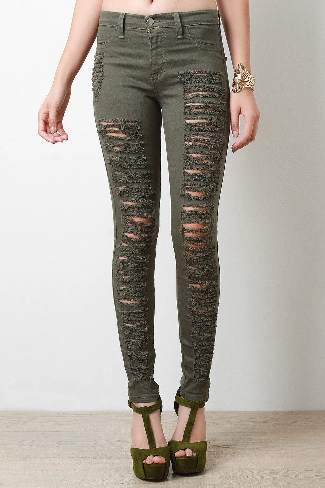 Distress Olive Skinny Jeans