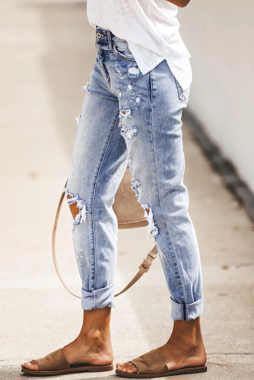 Distressed Faded Splatter Ripped Hole Denim Pants