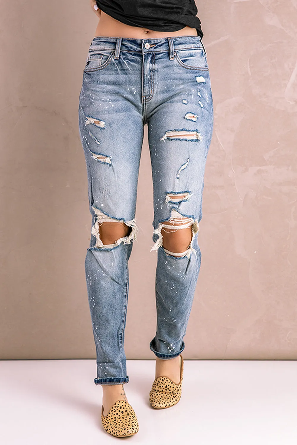 Distressed Faded Splatter Ripped Hole Denim Pants