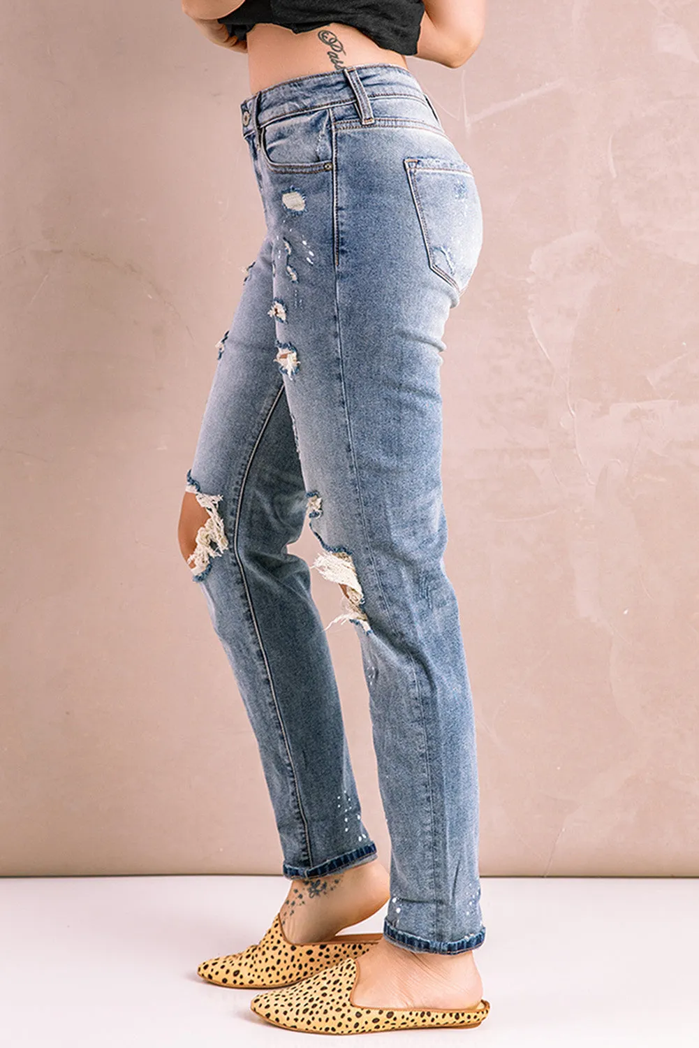 Distressed Faded Splatter Ripped Hole Denim Pants