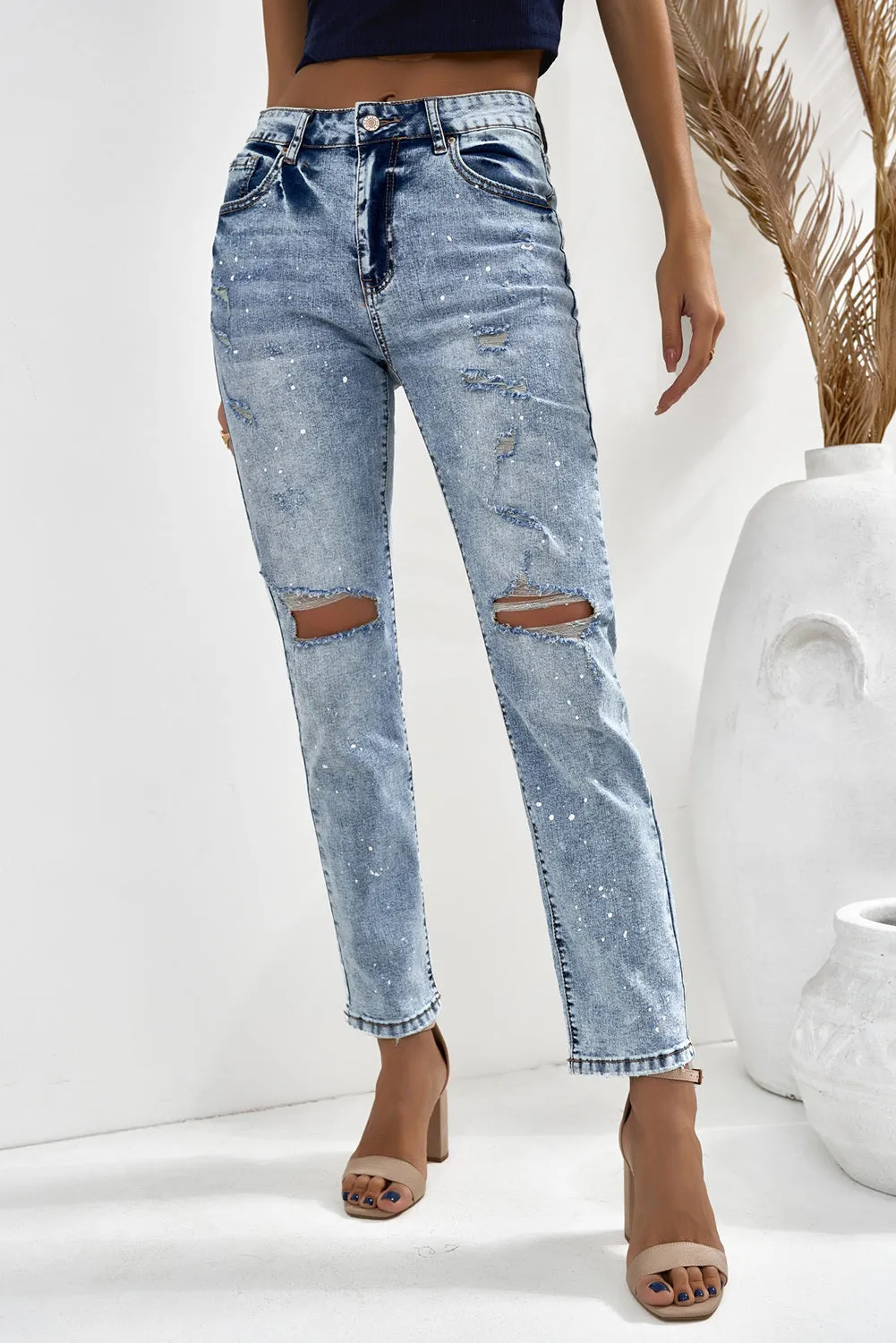 Distressed Faded Splatter Ripped Hole Denim Pants