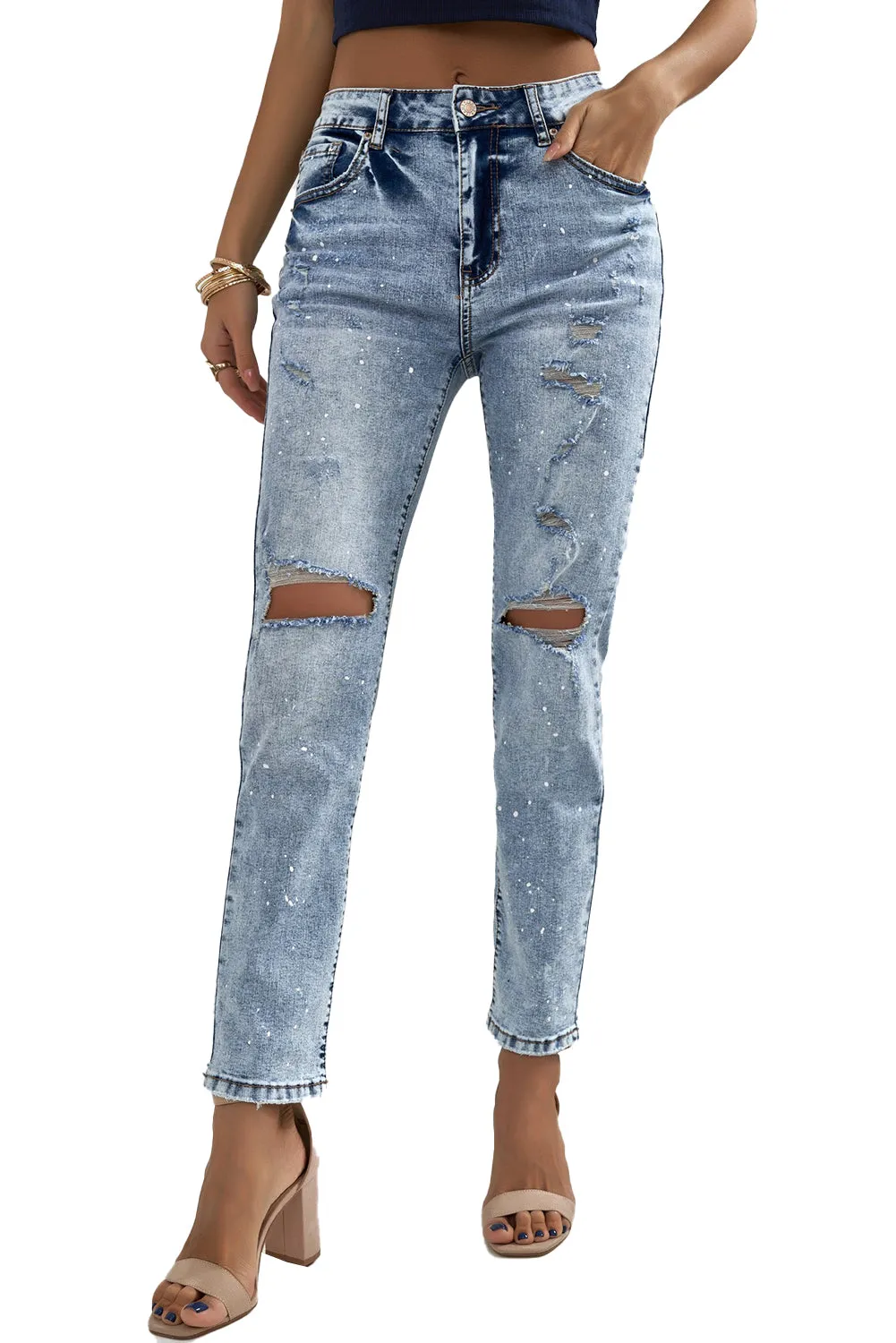 Distressed Faded Splatter Ripped Hole Denim Pants