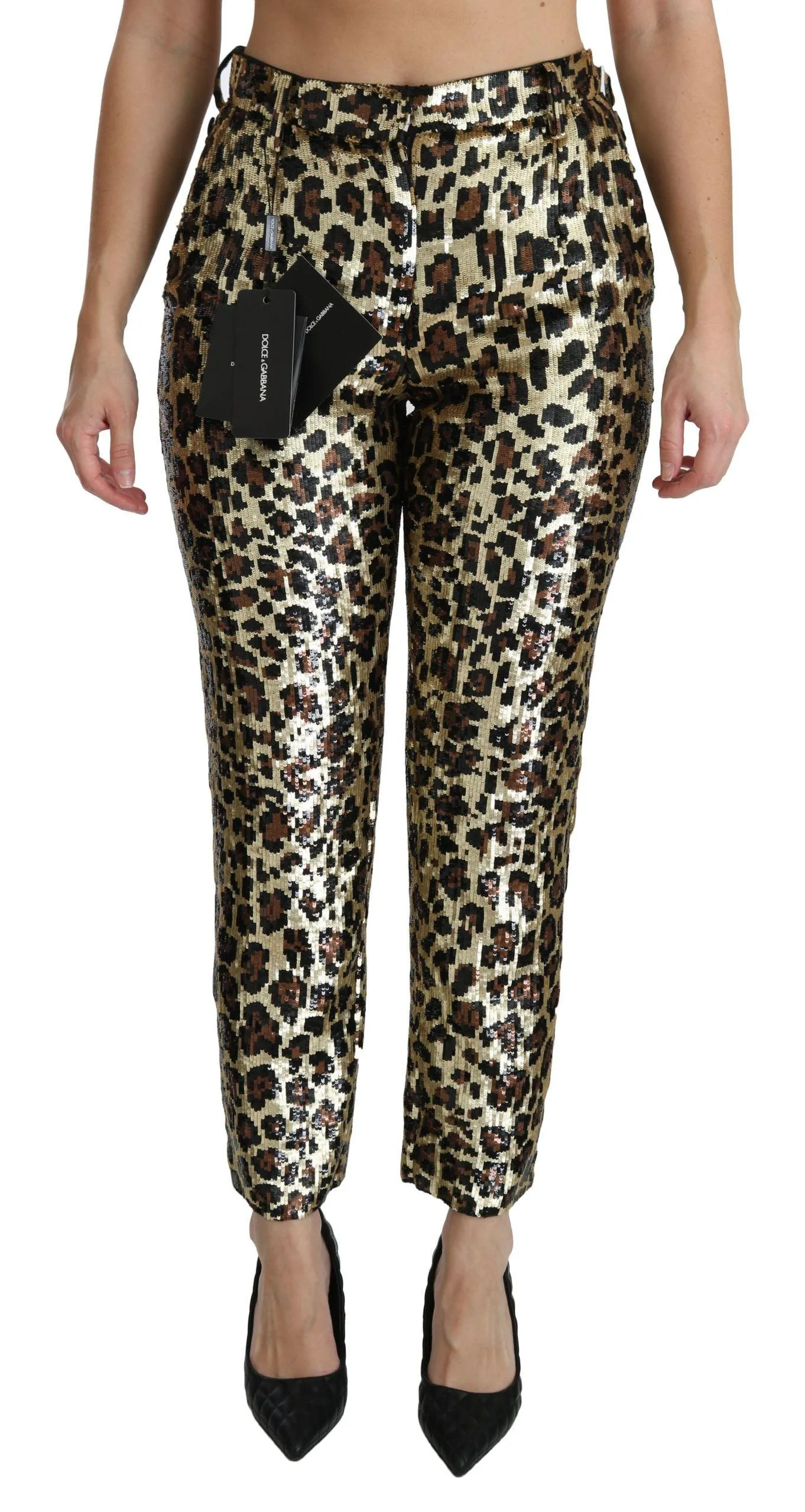 Dolce & Gabbana Brown Leopard Sequined High Waist Pants