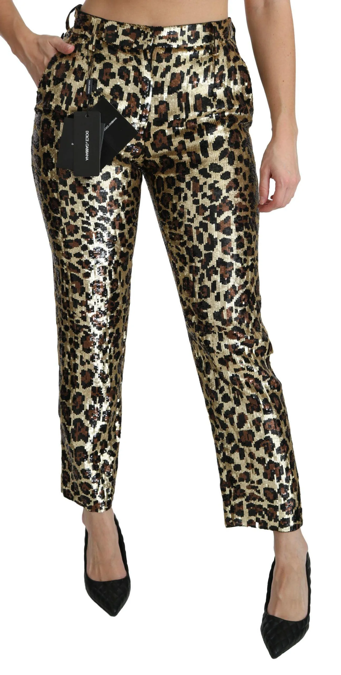 Dolce & Gabbana Brown Leopard Sequined High Waist Pants