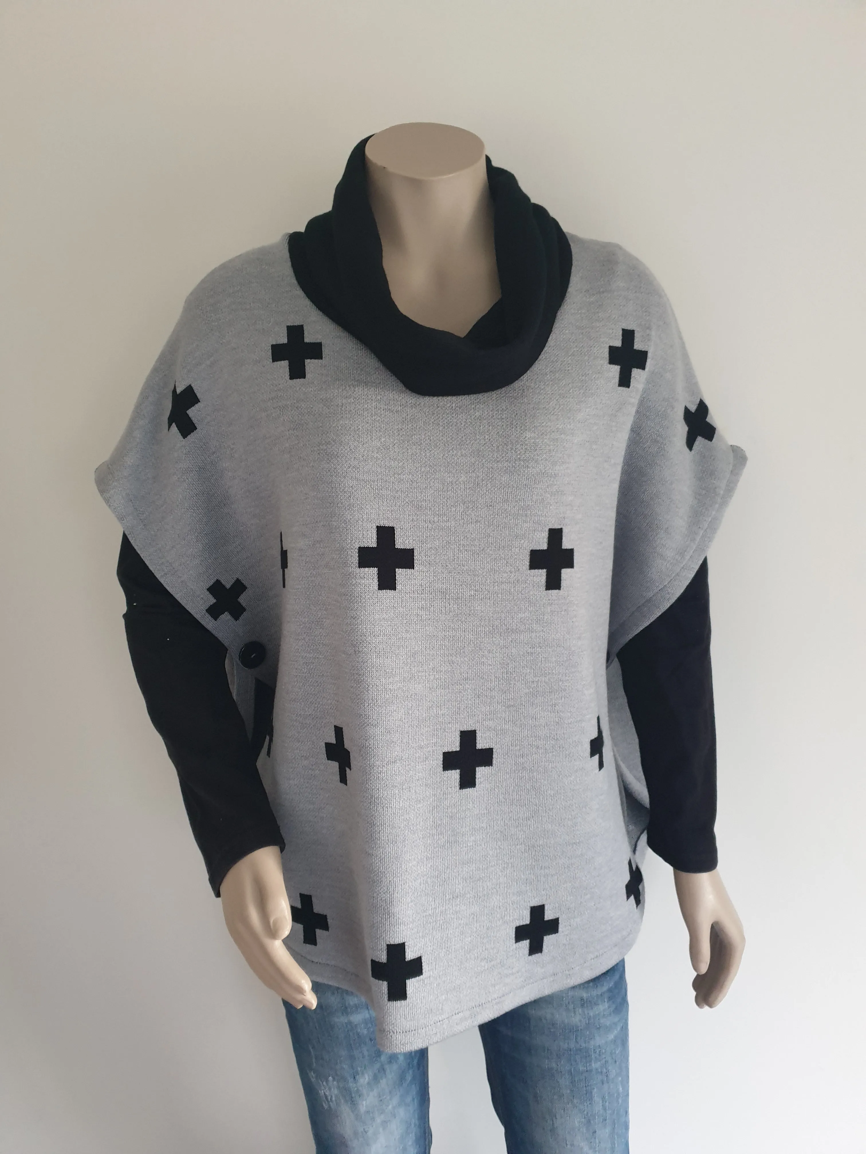 Double Knit Merino Silver / Black Cross Poncho