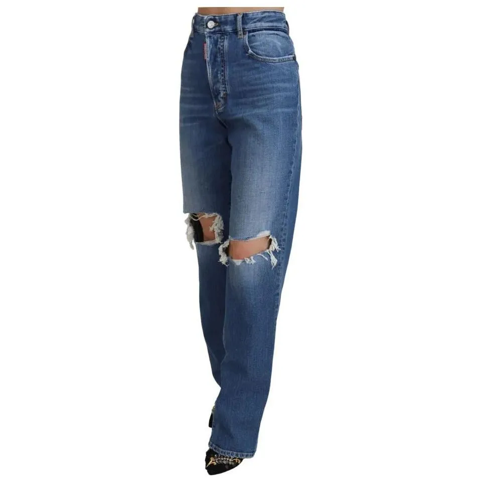 Dsquared² Blue Distressed High Waist Straight Denim Jeans