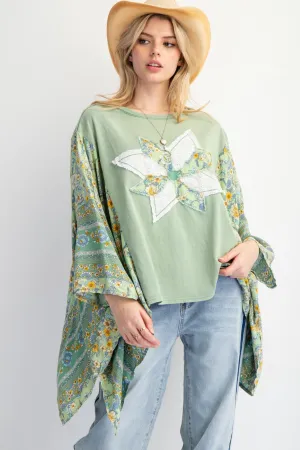 Easel Mixed Print Flower Patched Poncho Top in Sage