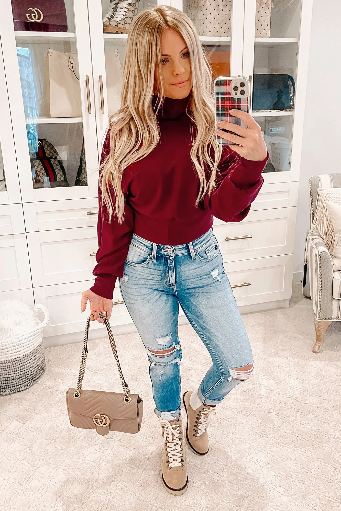 Elsie Cross-Front Sweater Knit Crop Top (Burgundy)