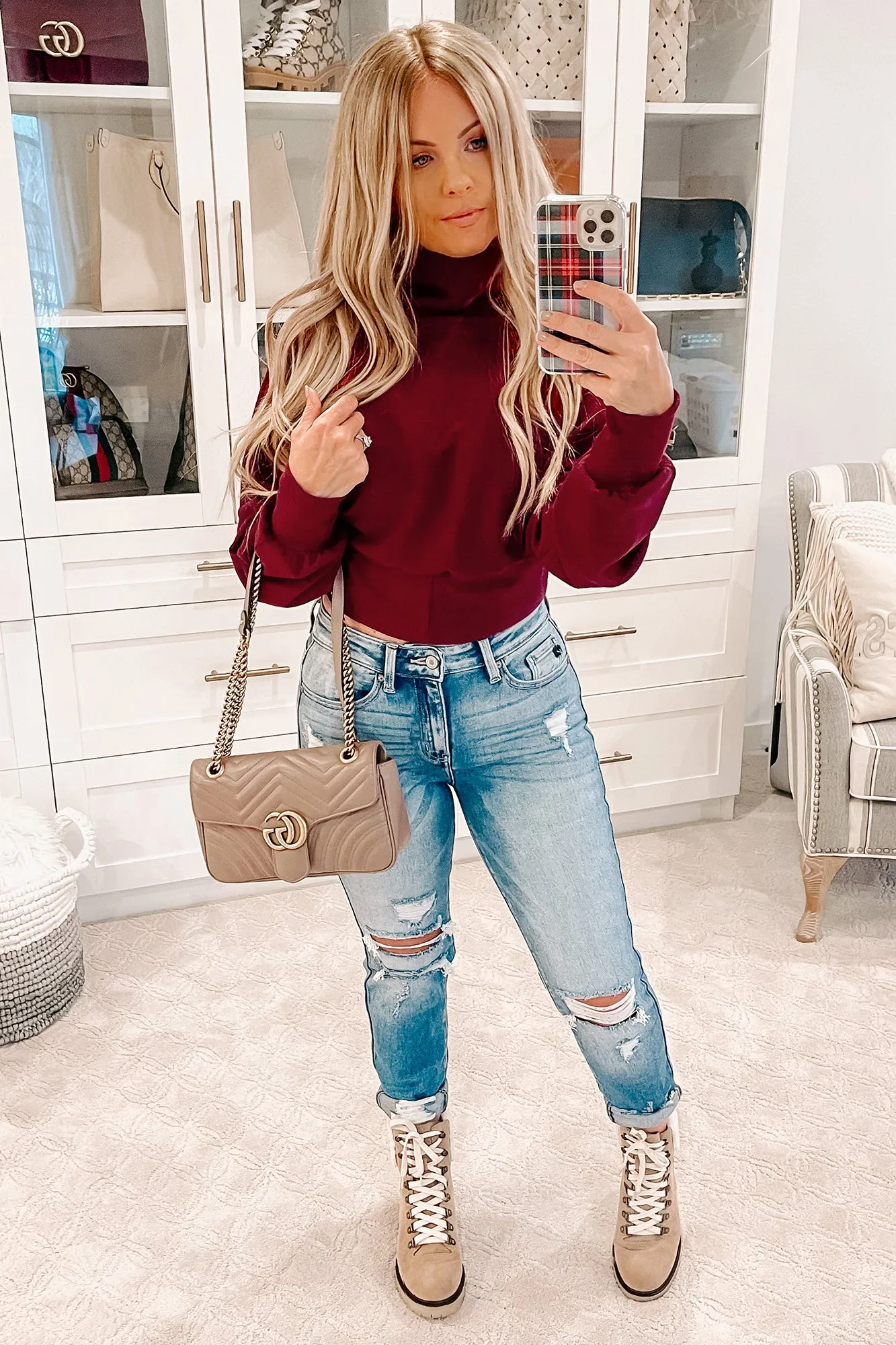 Elsie Cross-Front Sweater Knit Crop Top (Burgundy)