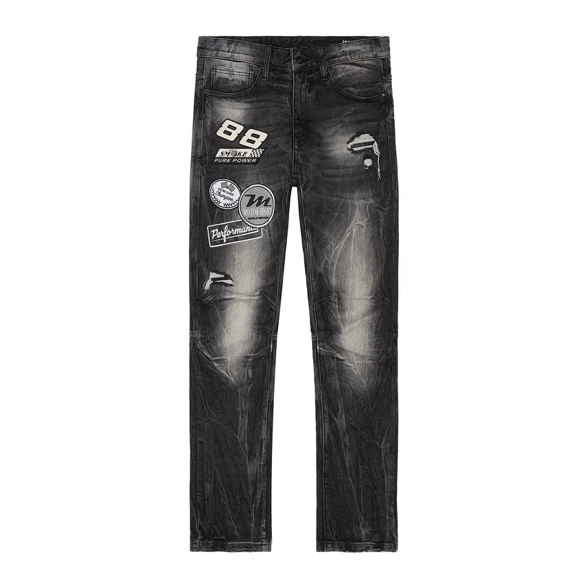 Embroidered Patched Racing Denim Jeans - Moon Black