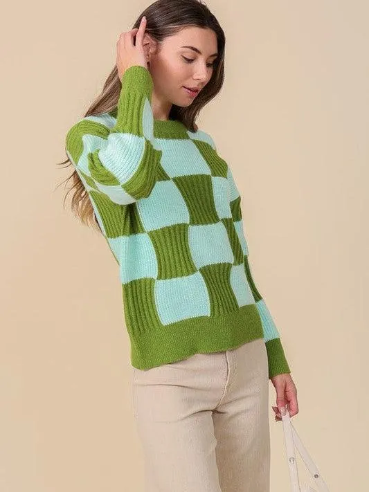 Eye-Catching Ribbed Checkerboard Long Sleeve Sweater