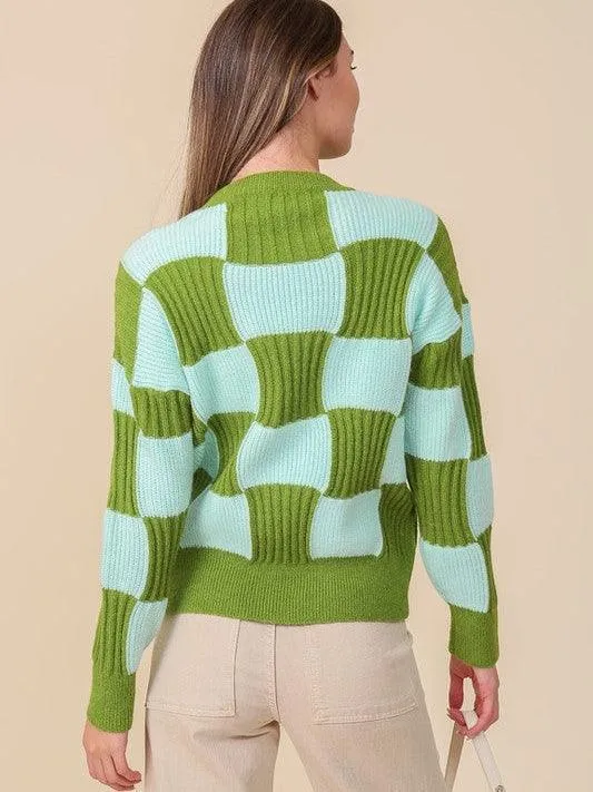 Eye-Catching Ribbed Checkerboard Long Sleeve Sweater