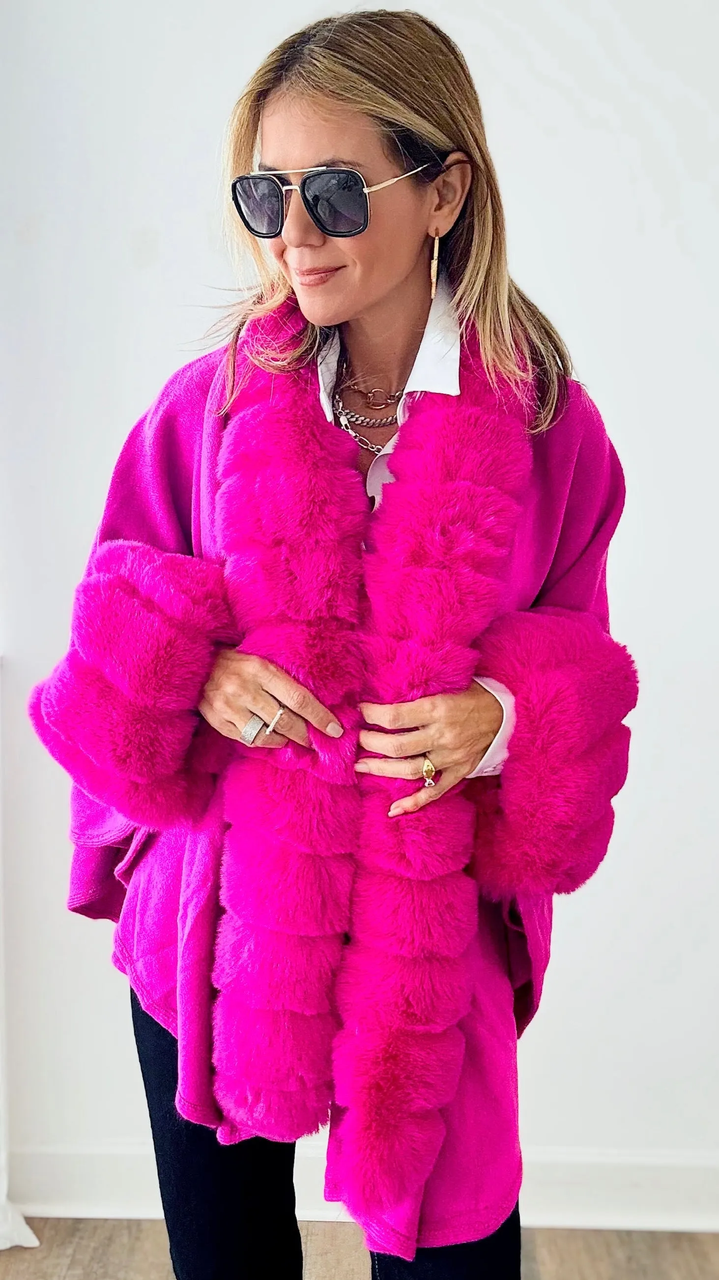 Faux Fur Poncho - Fuchsia