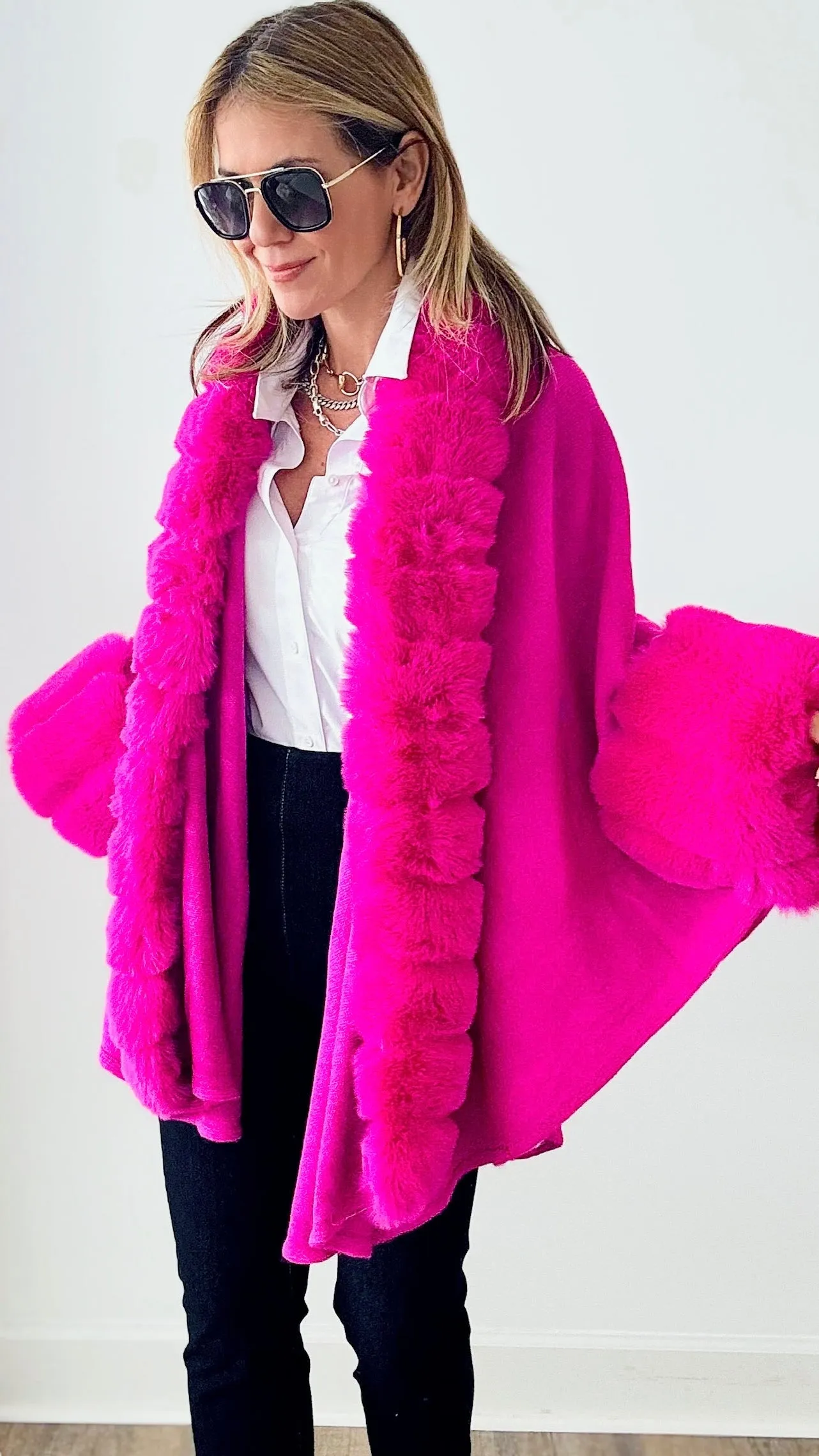 Faux Fur Poncho - Fuchsia