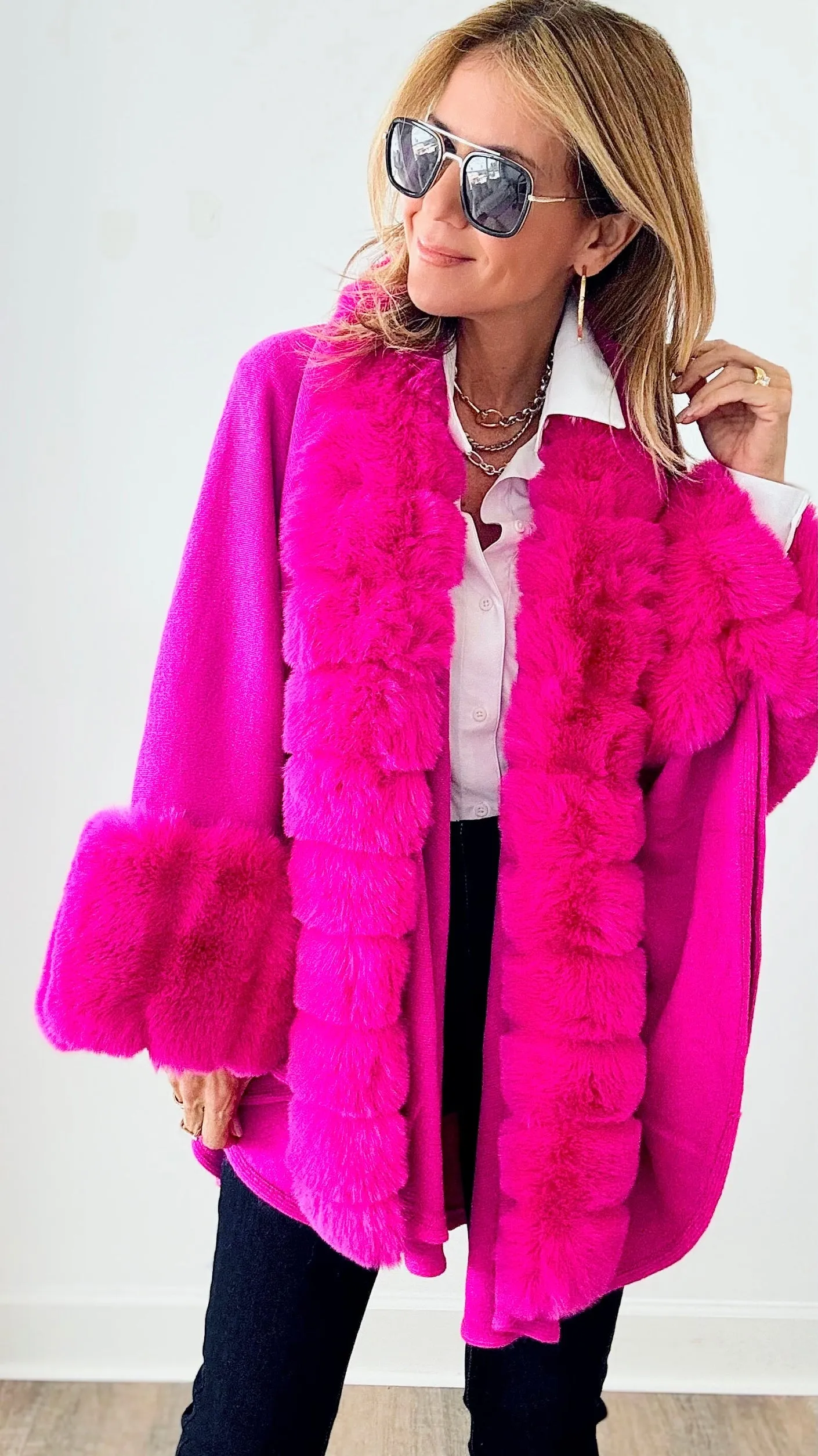 Faux Fur Poncho - Fuchsia