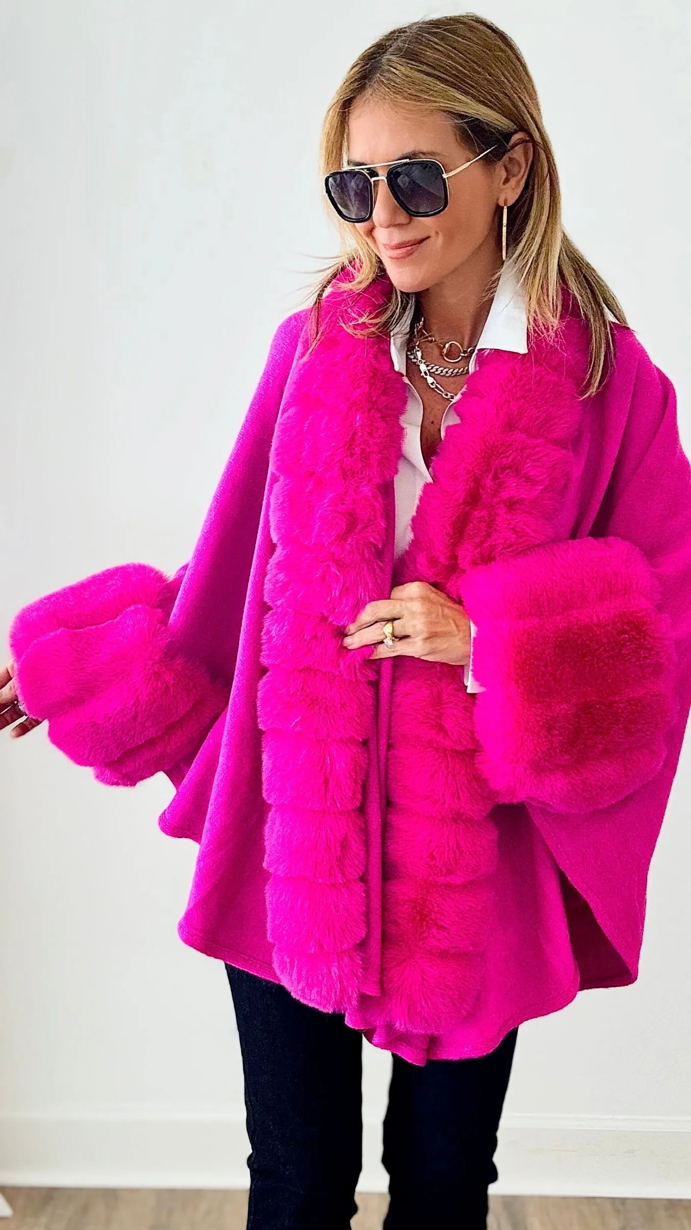 Faux Fur Poncho - Fuchsia