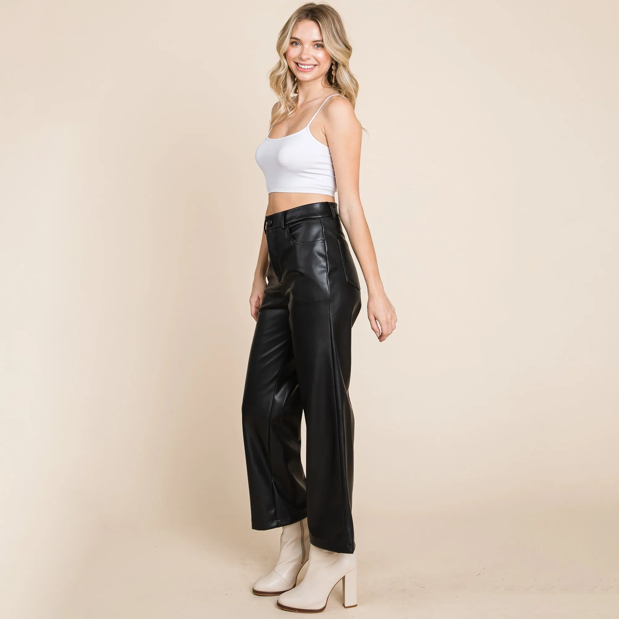 Faux Leather Wide Leg Pants