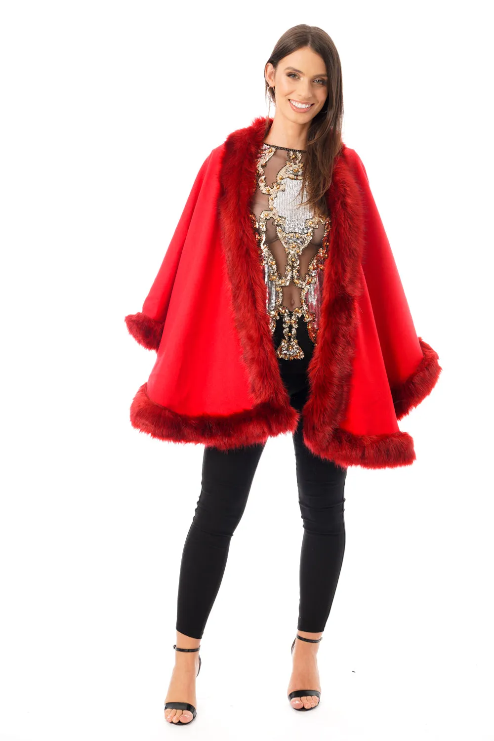 Felt Feel Faux Fur Swing Poncho Cape