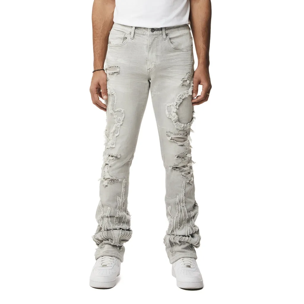 Flame Applique Heavy R&R Stacked Denim Jeans - Cloud Grey