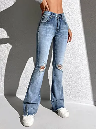 Floerns Women's High Waisted Ripped Jeans Flare Leg Bell Bottom Denim Pants Light Wash M