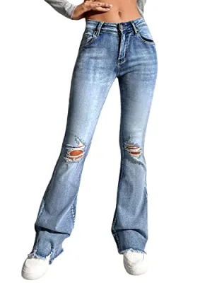 Floerns Women's High Waisted Ripped Jeans Flare Leg Bell Bottom Denim Pants Light Wash M