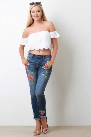 Floral And Bird Embroidery Frayed Denim Jeans