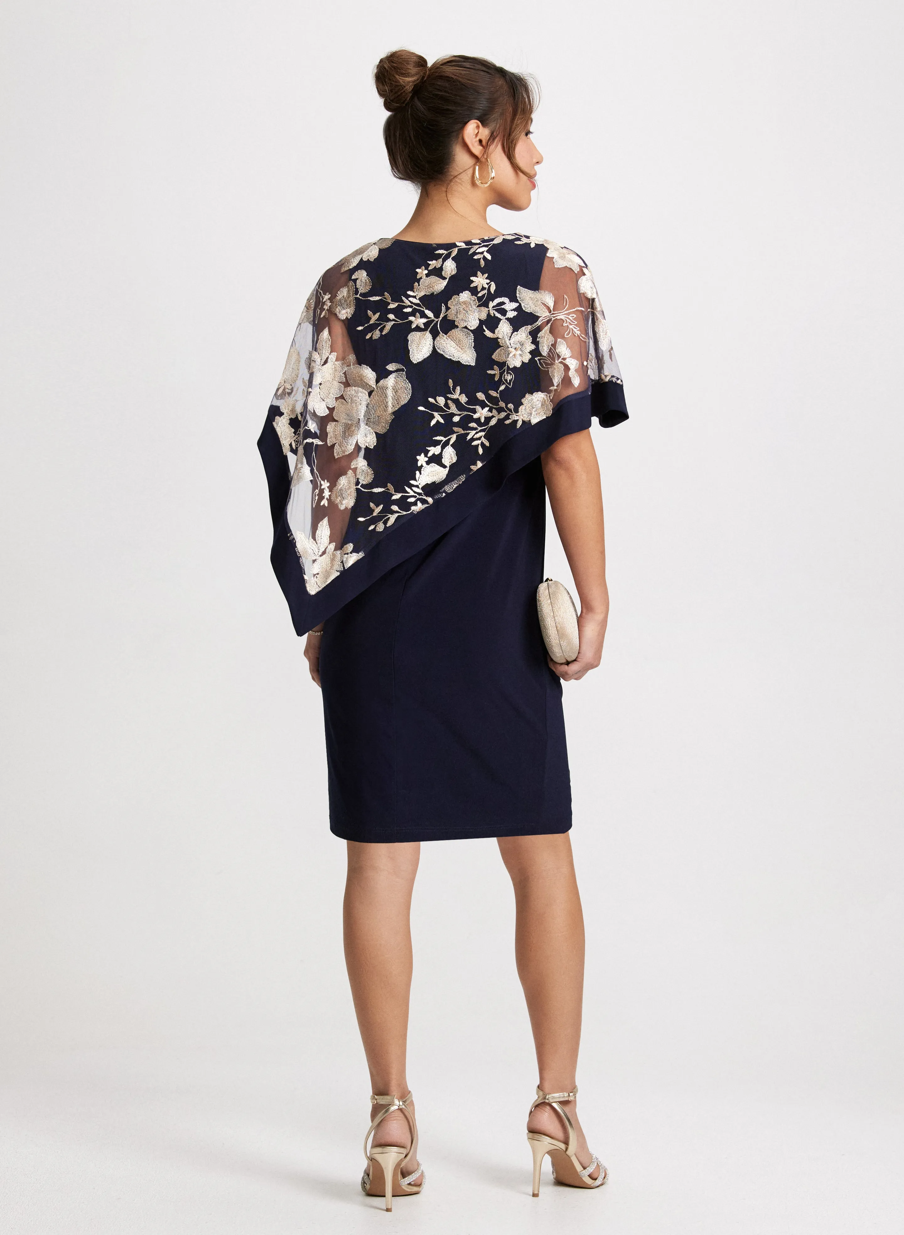 Floral Poncho-Effect Fitted Dress