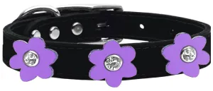 Flower Leather Collar Black With Lavender Flowers Size 20