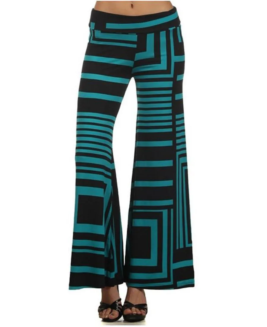 Foldover Palazzo Pants Geometric Teal Black