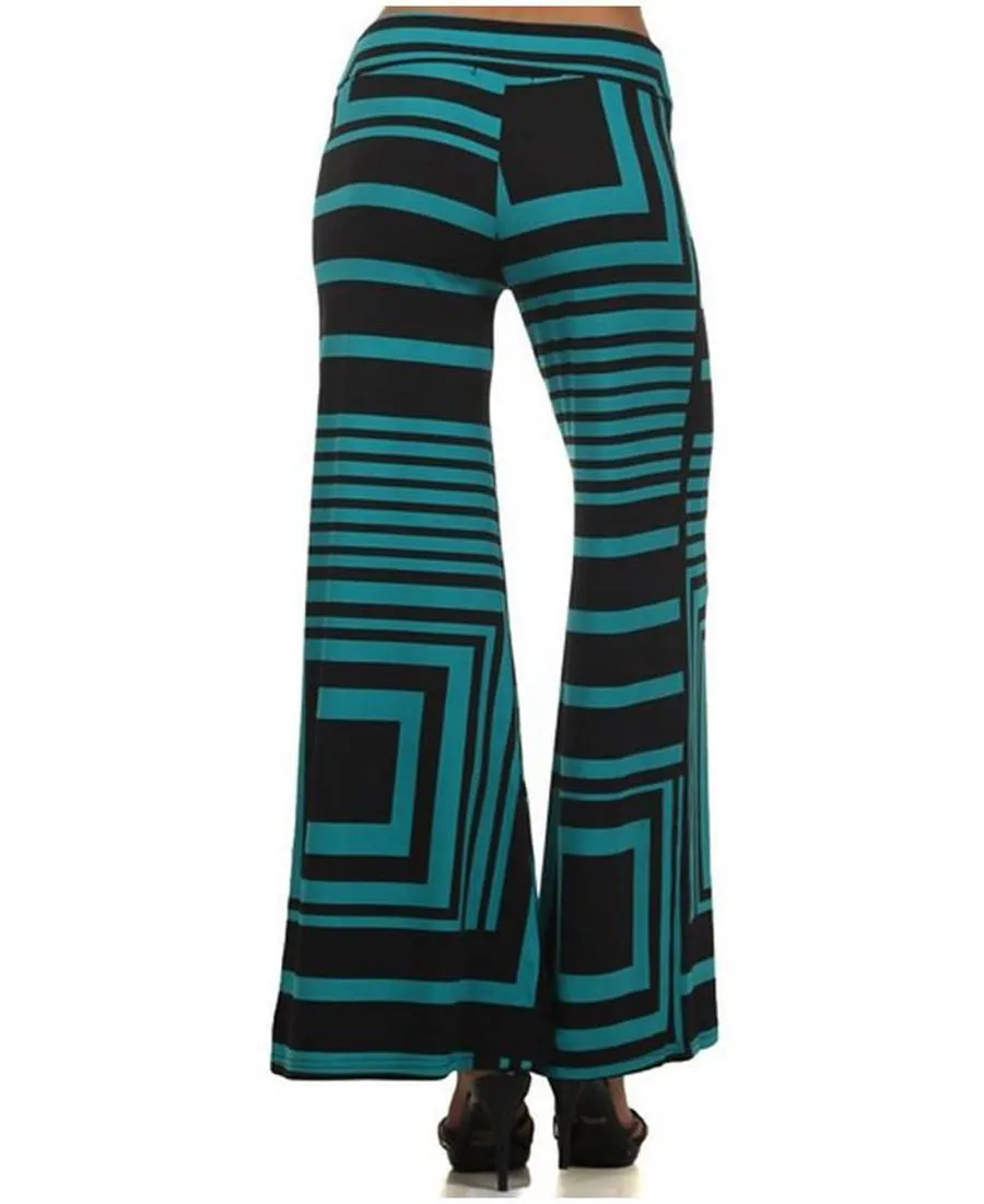 Foldover Palazzo Pants Geometric Teal Black