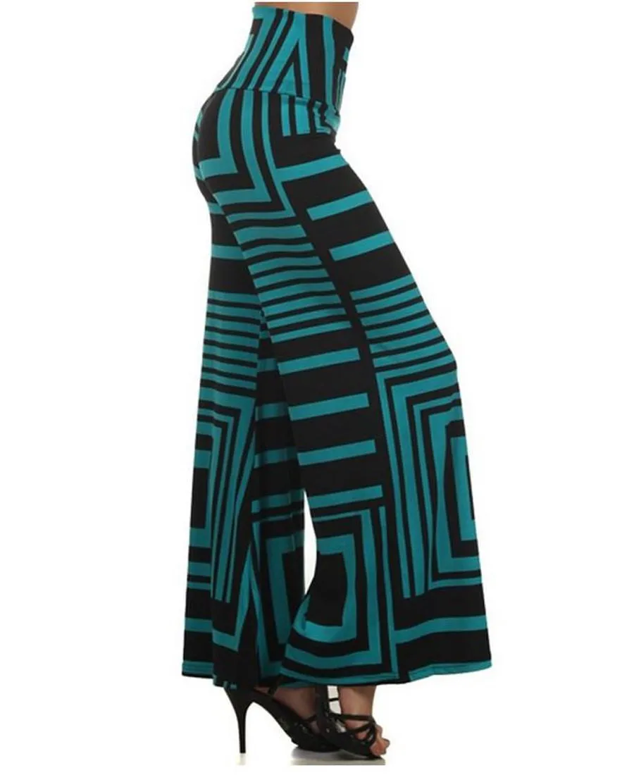 Foldover Palazzo Pants Geometric Teal Black