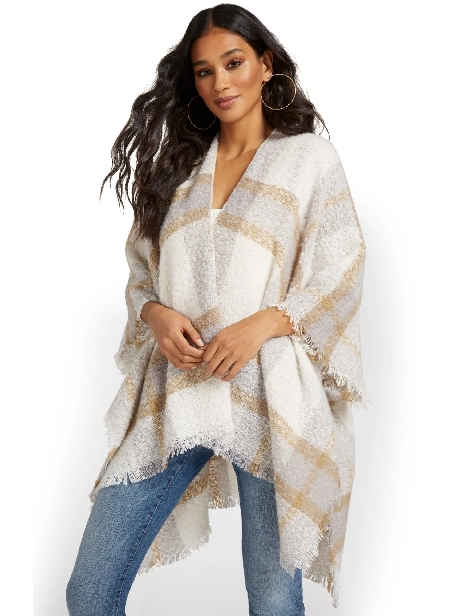 Grey & Ivory Plaid Fringe Wrap - Brands We Love