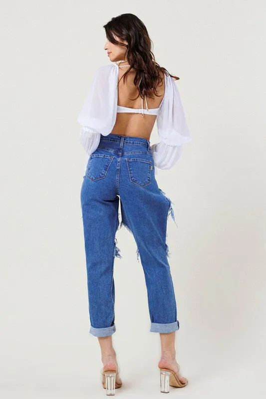 High Waist Destroyed Blue Jean - Vibrant MIU- Final Sale