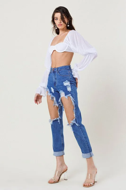 High Waist Destroyed Blue Jean - Vibrant MIU- Final Sale