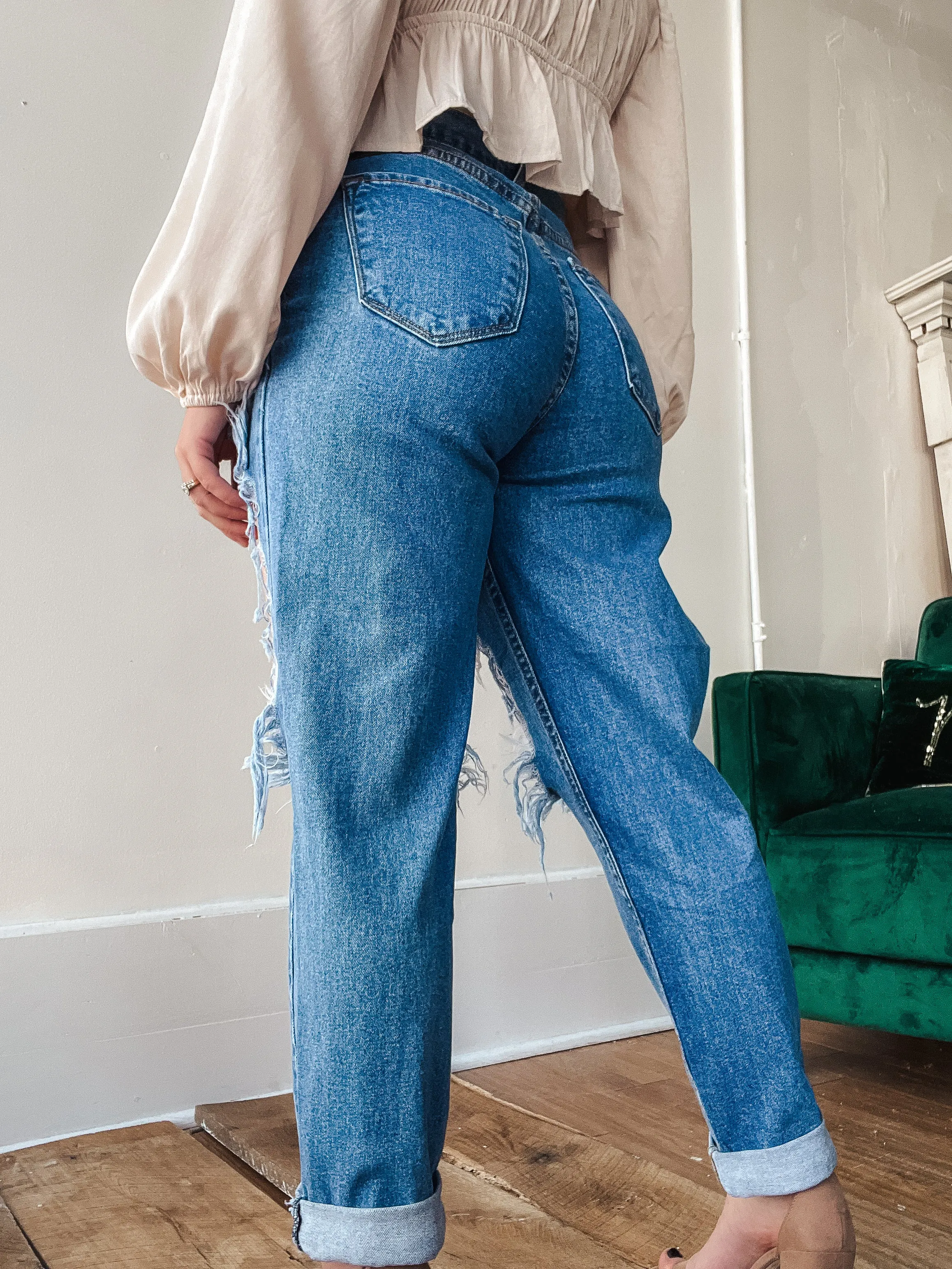 High Waist Destroyed Blue Jean - Vibrant MIU- Final Sale