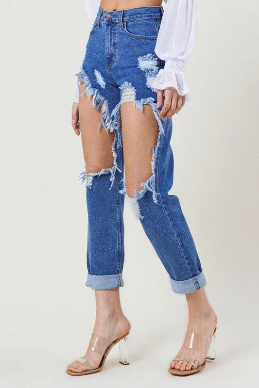 High Waist Destroyed Blue Jean - Vibrant MIU- Final Sale