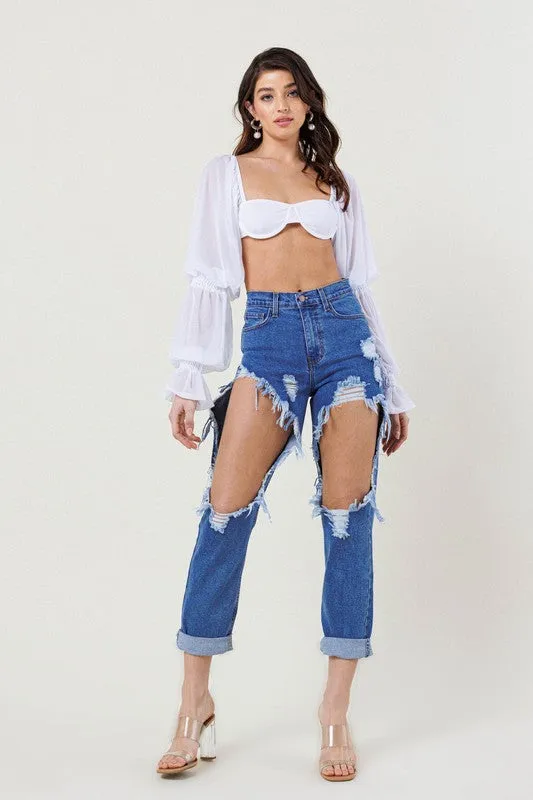 High Waist Destroyed Blue Jean - Vibrant MIU- Final Sale